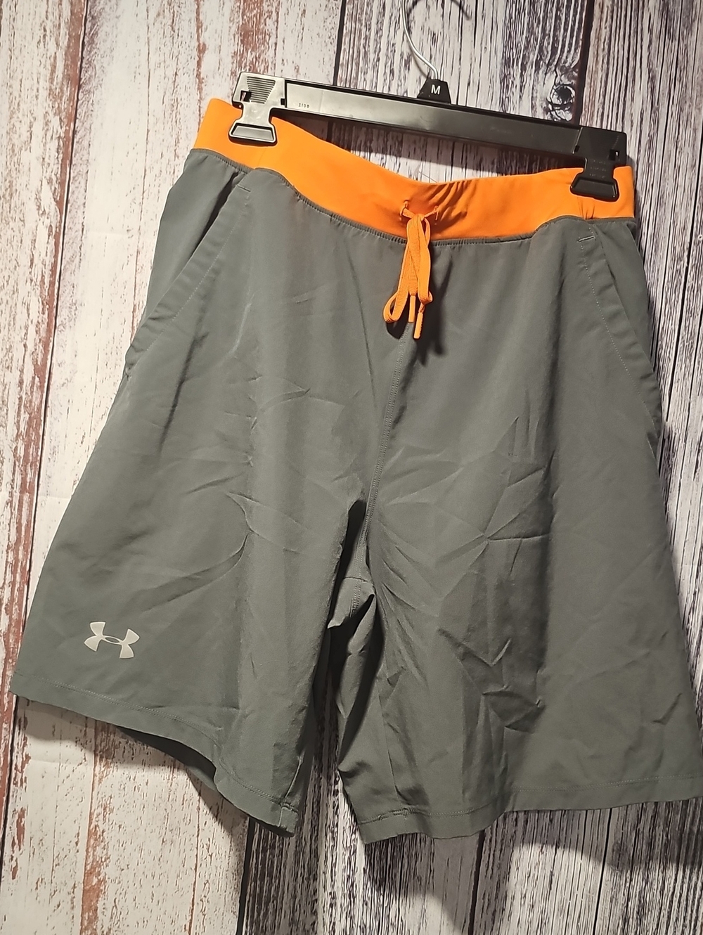 Under Armour Men's Gray Athletic Shorts with Orange Waistband and Drawstring